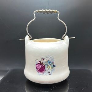 Vintage Victorian Courting Couple Porcelain White Basket Trinket Box  Vase 3.2”